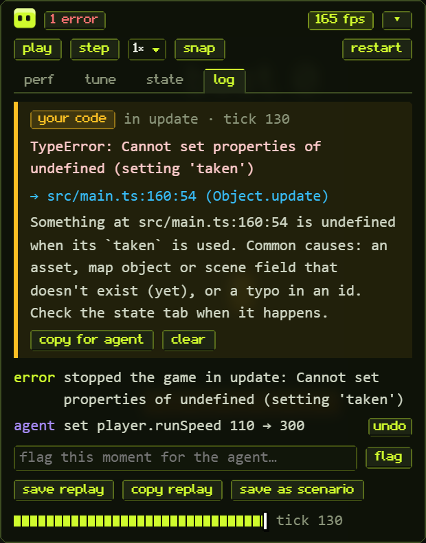 An error in the dev panel: "your code", the source line, and a hint