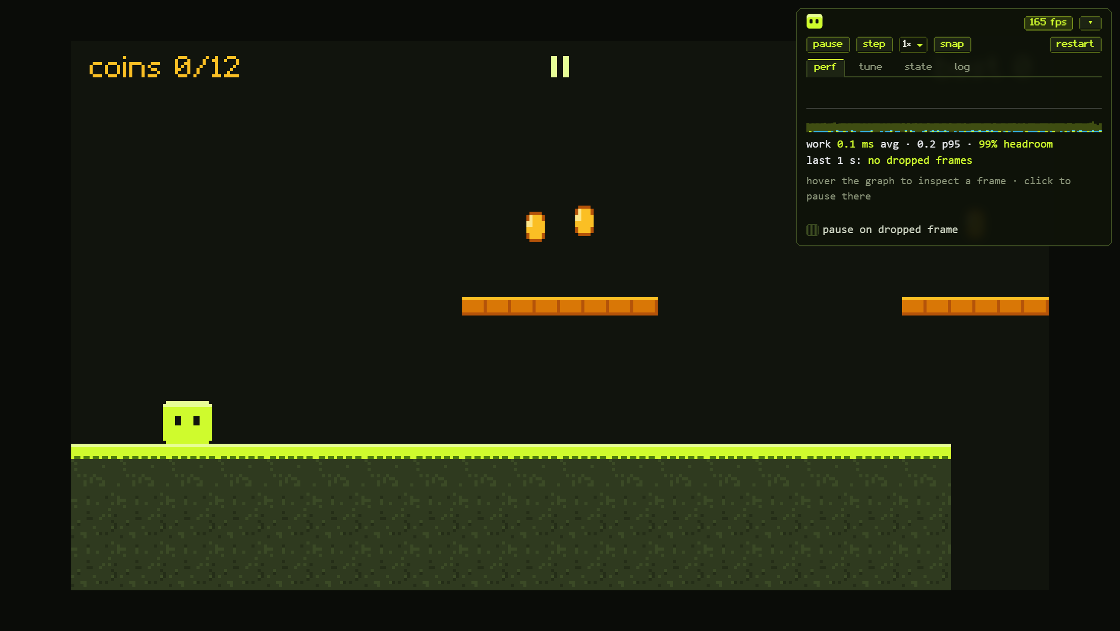 The perf tab: frame graph, headroom and dropped frames