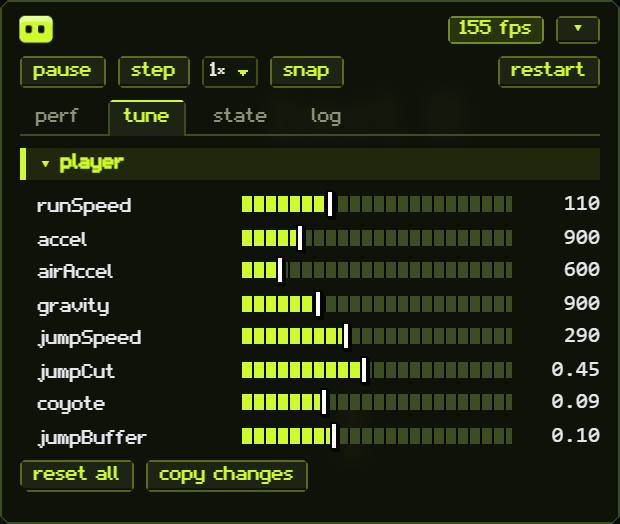 The tune tab: sliders for every param, changed values in amber